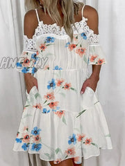 Hnewly Women V-Neck Short Sleeve Ruffles Mini Dresses Elegant White Color Embroidery Lace Mesh