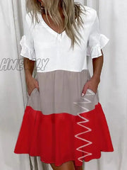 Hnewly Women V-Neck Short Sleeve Ruffles Mini Dresses Elegant White Color Embroidery Lace Mesh