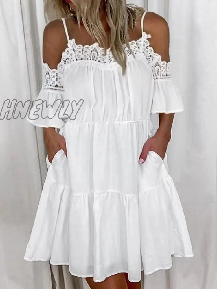 Hnewly Women V-Neck Short Sleeve Ruffles Mini Dresses Elegant White Color Embroidery Lace Mesh