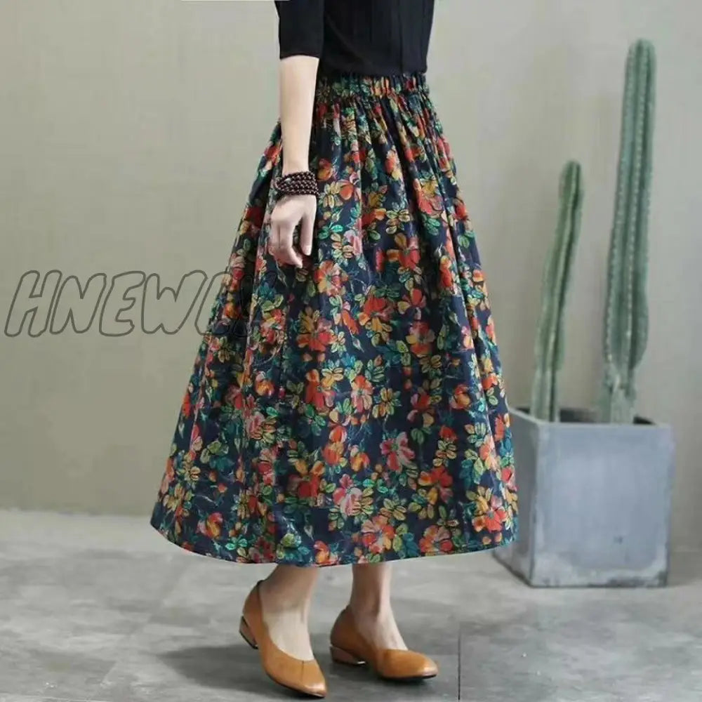 Hnewly Women Vintage Floral Print Cotton Linen Skirt Autumn New Mid Length High Waist Casual Retro