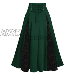 Hnewly Women Vintage Lace-Up Skirts Skull Lace Stitching Buttons Big Swing Skirt Female Halloween