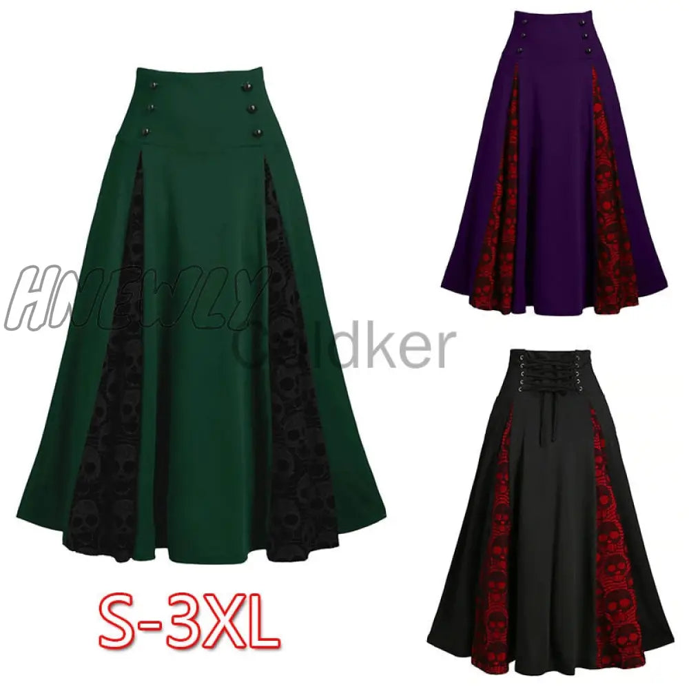 Hnewly Women Vintage Lace-Up Skirts Skull Lace Stitching Buttons Big Swing Skirt Female Halloween