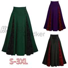 Hnewly Women Vintage Lace-Up Skirts Skull Lace Stitching Buttons Big Swing Skirt Female Halloween