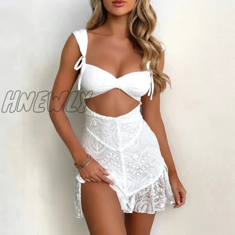 Hnewly Women Vintage Mini Dress Y2K Spaghetti Strap Lace Patchwork Bodycon Elegant Backless