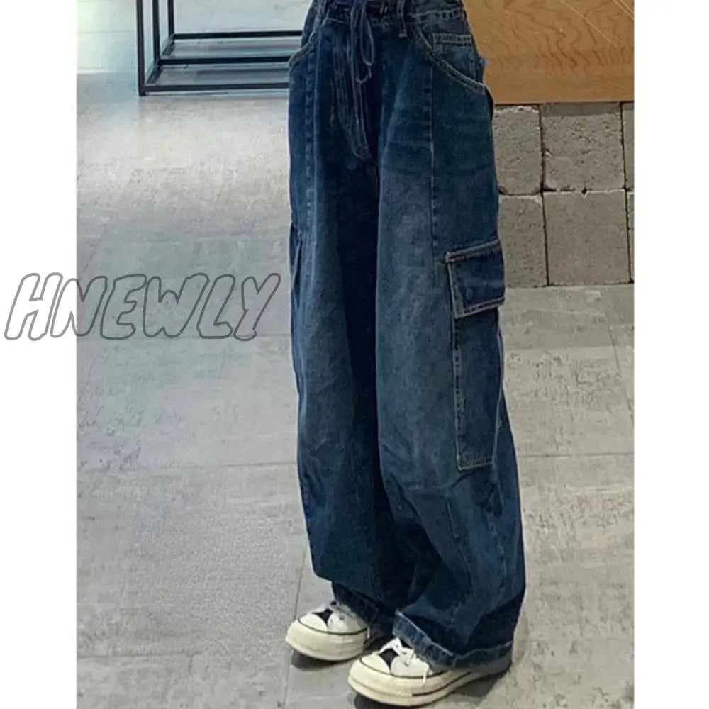 Hnewly Women Vintage Y2K Streetwear Baggy Cargo Jeans High Waisted Straight Wide Leg Pants Denim
