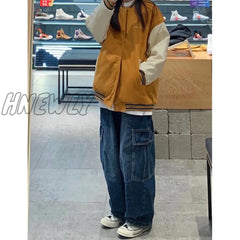 Hnewly Women Vintage Y2K Streetwear Baggy Cargo Jeans High Waisted Straight Wide Leg Pants Denim