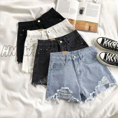 Hnewly Women Wide Leg Hole Black Denim Shorts Casual Female Streetwear Loose Solid Color White