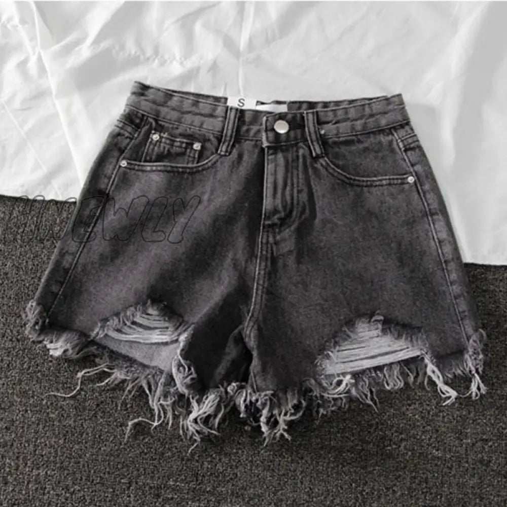 Hnewly Women Wide Leg Hole Black Denim Shorts Casual Female Streetwear Loose Solid Color White
