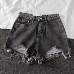 Hnewly Women Wide Leg Hole Black Denim Shorts Casual Female Streetwear Loose Solid Color White