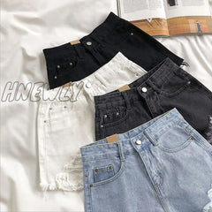 Hnewly Women Wide Leg Hole Black Denim Shorts Casual Female Streetwear Loose Solid Color White