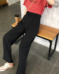 Hnewly Women Wide Leg Pants Summer Thin Fabric High Waist Pockets Button Fly Long Trousers Casual