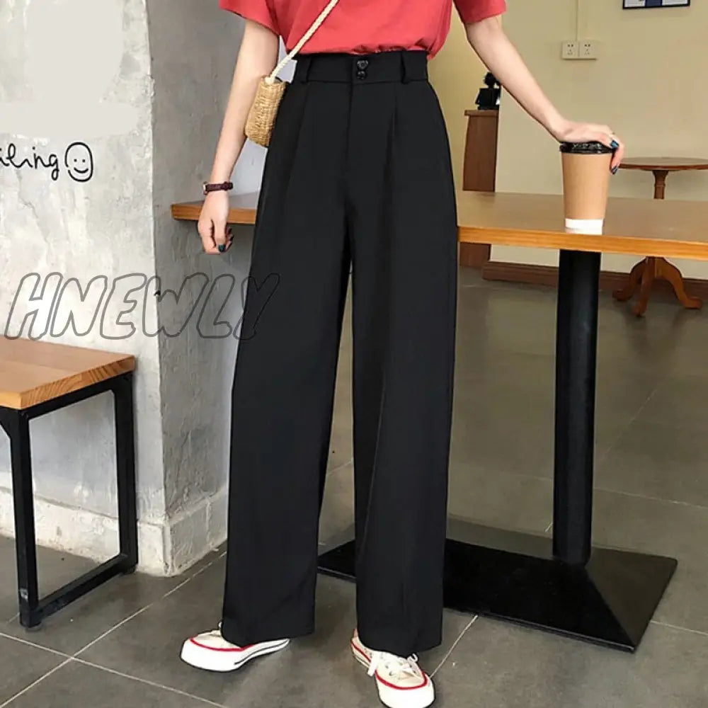 Hnewly Women Wide Leg Pants Summer Thin Fabric High Waist Pockets Button Fly Long Trousers Casual