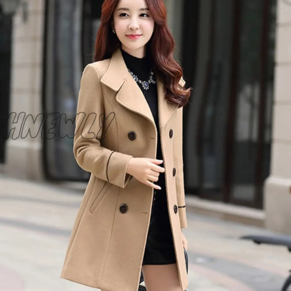 Hnewly Women Wool Blend Warm Long Coat Autumn Winter Plus Size Female Slim Fit Lapel Woolen