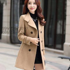 Hnewly Women Wool Blend Warm Long Coat Autumn Winter Plus Size Female Slim Fit Lapel Woolen