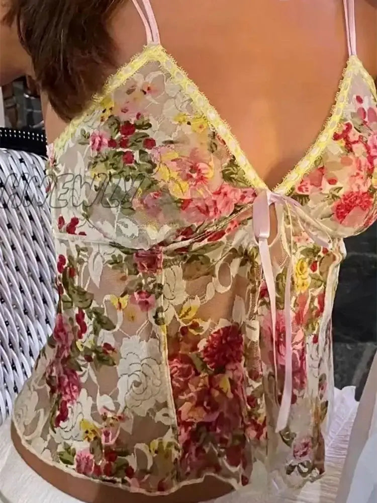 Hnewly Women Y2K Fairycore Flower Camisole Tops Sexy Grunge Lace Trim Spaghetti Strap V Neck Crop