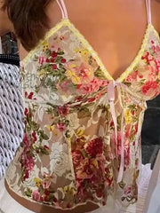 Hnewly Women Y2K Fairycore Flower Camisole Tops Sexy Grunge Lace Trim Spaghetti Strap V Neck Crop