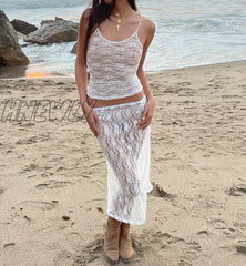 Hnewly Women Y2K Skirt Sets Suit 2Pcs Lace Flower See Through Sleeveless Camisole + Wrapped Midi