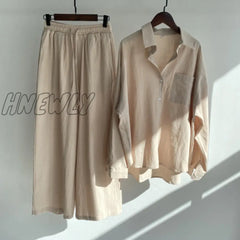 Hnewly Women’s 2-Piece Retro Oversize Cotton And Linen Shirt Plus High Waist Slacks Suit