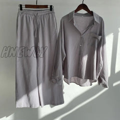 Hnewly Women’s 2-Piece Retro Oversize Cotton And Linen Shirt Plus High Waist Slacks Suit