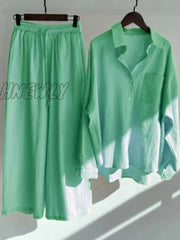 Hnewly Women’s 2-Piece Retro Oversize Cotton And Linen Shirt Plus High Waist Slacks Suit