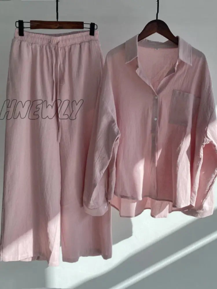 Hnewly Women’s 2-Piece Retro Oversize Cotton And Linen Shirt Plus High Waist Slacks Suit