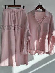Hnewly Women’s 2-Piece Retro Oversize Cotton And Linen Shirt Plus High Waist Slacks Suit