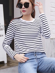 Hnewly Womenâs Autumn Long Sleeve T Shirt O - Neck Striped Cotton Tops For Women Casual T -