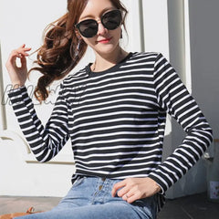 Hnewly Womenâs Autumn Long Sleeve T Shirt O - Neck Striped Cotton Tops For Women Casual T -