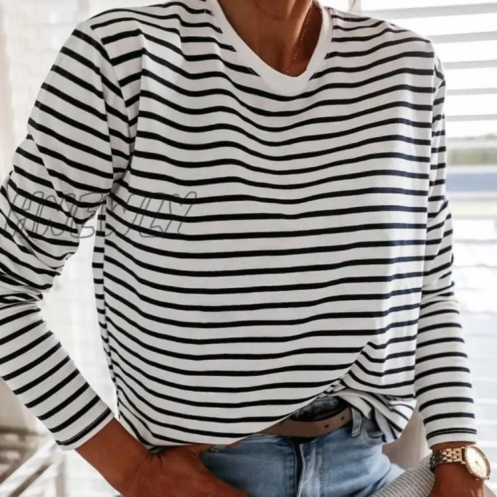 Hnewly Womenâs Autumn Long Sleeve T Shirt O - Neck Striped Cotton Tops For Women Casual T -