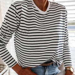 Hnewly Womenâs Autumn Long Sleeve T Shirt O - Neck Striped Cotton Tops For Women Casual T -