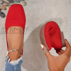 Hnewly Women’s Breathable Knit Flat Shoes Casual Square Toe Slip On Lightweight & Comfortable