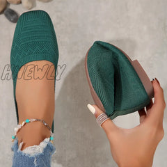 Hnewly Women’s Breathable Knit Flat Shoes Casual Square Toe Slip On Lightweight & Comfortable