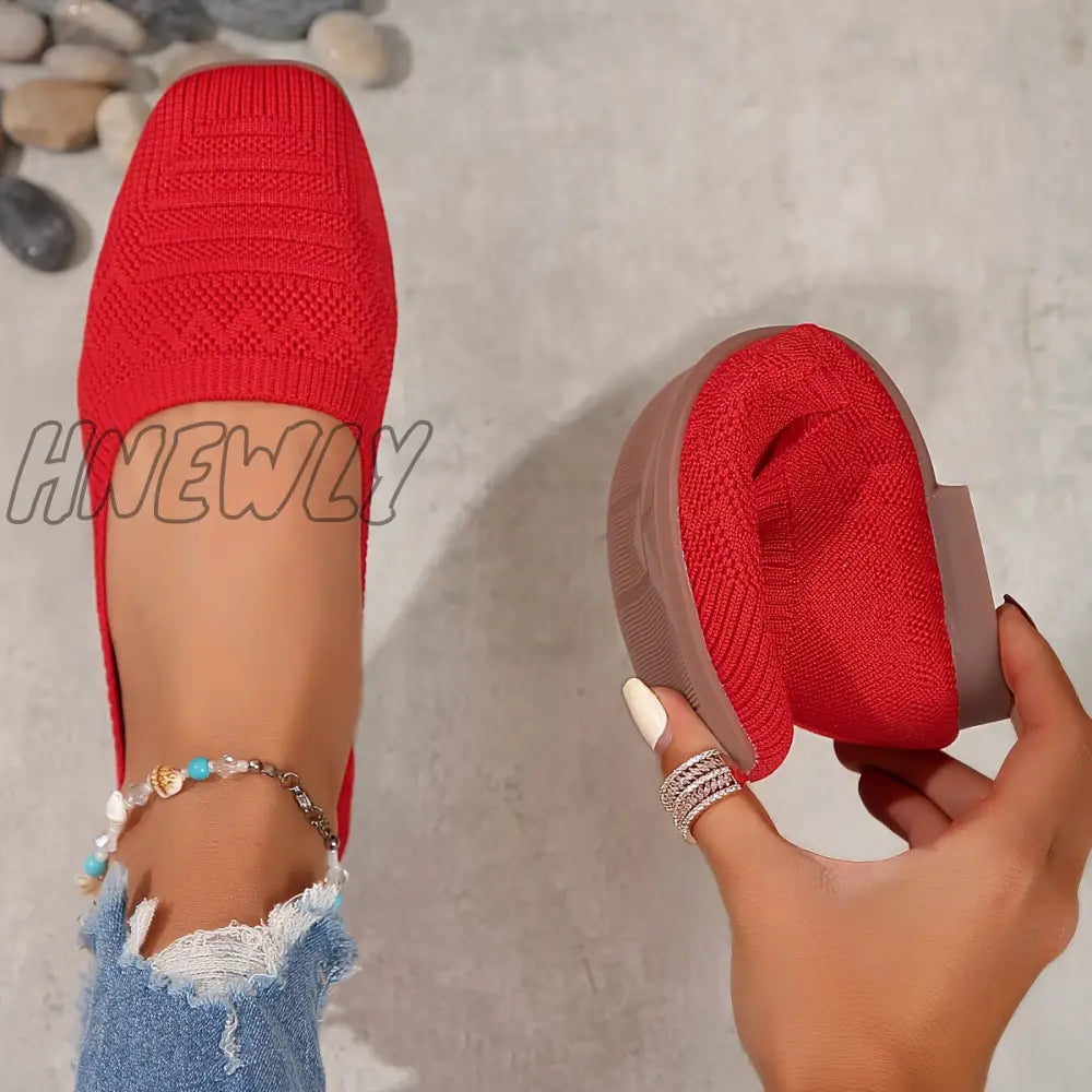 Hnewly Women’s Breathable Knit Flat Shoes Casual Square Toe Slip On Lightweight & Comfortable Red