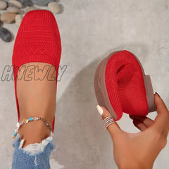 Hnewly Women’s Breathable Knit Flat Shoes Casual Square Toe Slip On Lightweight & Comfortable Red