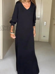 Hnewly Women’s Casual Dress Black Plain Long Maxi Split Daily Date Going Out Fashion Basic V Neck