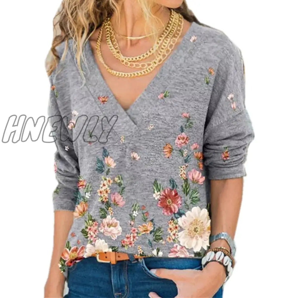 Hnewly Women’s Clothing Autumn And Winter New Fashion V-Neck Flower Print Long-Sleeved Casual