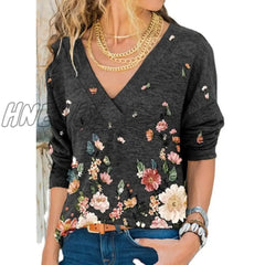 Hnewly Women’s Clothing Autumn And Winter New Fashion V-Neck Flower Print Long-Sleeved Casual