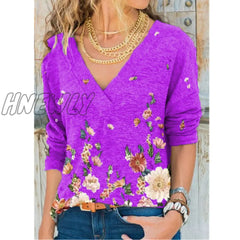 Hnewly Women’s Clothing Autumn And Winter New Fashion V-Neck Flower Print Long-Sleeved Casual