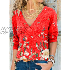 Hnewly Women’s Clothing Autumn And Winter New Fashion V-Neck Flower Print Long-Sleeved Casual