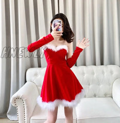 Hnewly Women’s Dress For New Year Vestido Sexy Off Shoulder Furry Strapless Christmas Short Mini