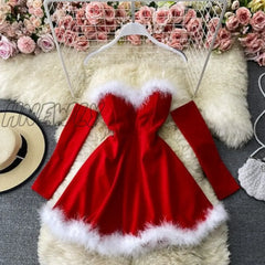 Hnewly Women’s Dress For New Year Vestido Sexy Off Shoulder Furry Strapless Christmas Short Mini