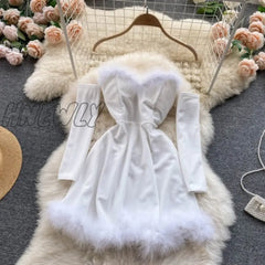 Hnewly Women’s Dress For New Year Vestido Sexy Off Shoulder Furry Strapless Christmas Short Mini