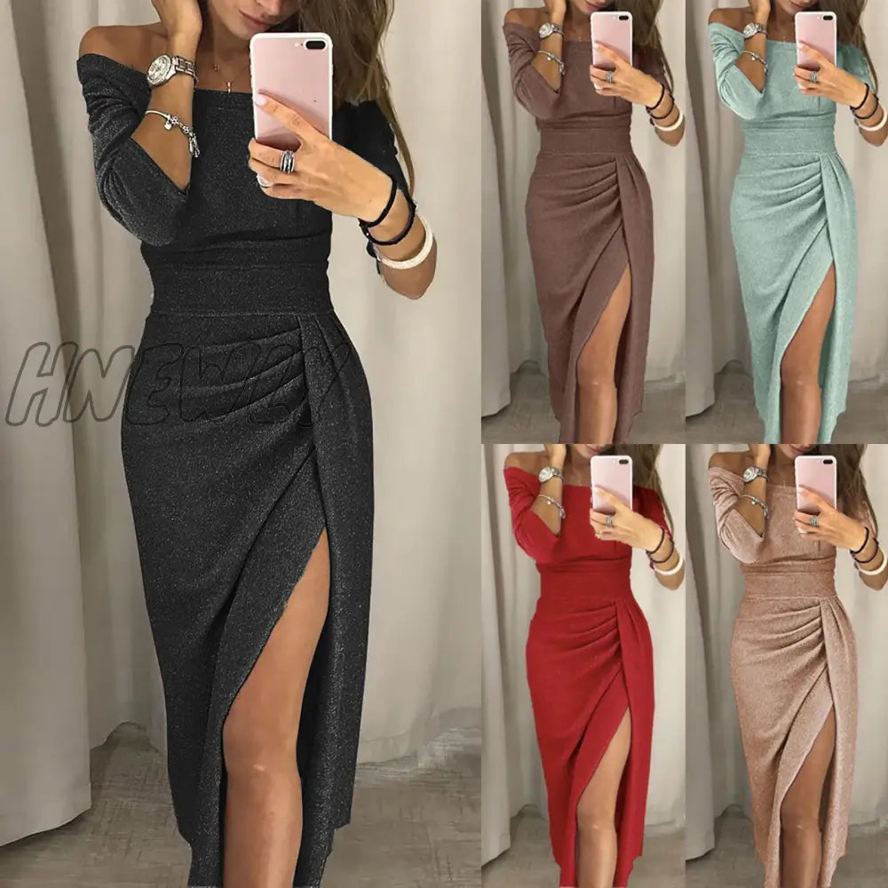 Hnewly Women’s Dress Long Sleeve Party Fashion Sexy Strapless High Slit Tight Half