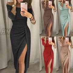 Hnewly Women’s Dress Long Sleeve Party Fashion Sexy Strapless High Slit Tight Half