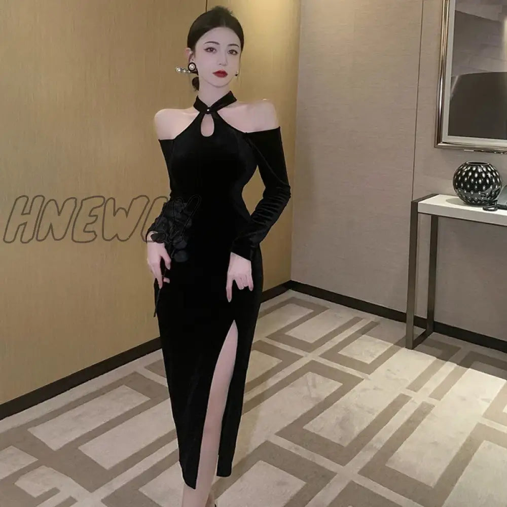 Hnewly Womenâs Dress Off Shoulder Slim Sexy Split Cheongsam Black / M