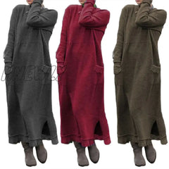 Hnewly Women’s Dress Retro Autumn And Winter Long-Sleeved Lace Hem Plus Size Knitted Long Skirt