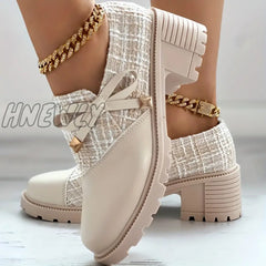 Hnewly Women’s Elegant Colorblock Shoes Bowknot Decor Side Zipper Comfy Chunky Heel Dress Milky / 6