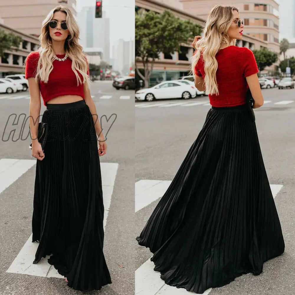 Hnewly Women’s High Waist Pleated Chiffon Long Maxi Skirt Full Length Solid Color Summer Swing