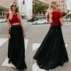 Hnewly Women’s High Waist Pleated Chiffon Long Maxi Skirt Full Length Solid Color Summer Swing