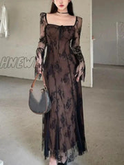 Hnewly Women’s Knitted Dress Lace Mesh Patchwork Long Sleeve Square Collar Up Sexy Mermaid Autumn